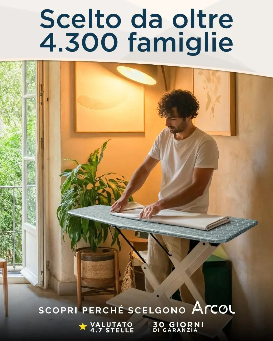Man ironing with iron board cover