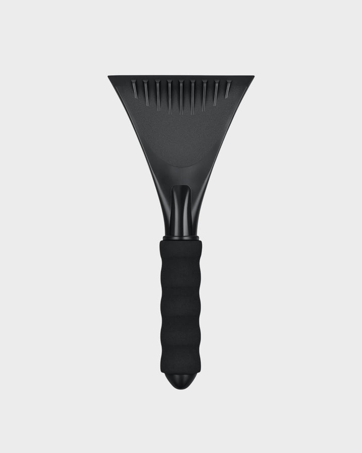 Black ice scraper with a textured blade on a white background