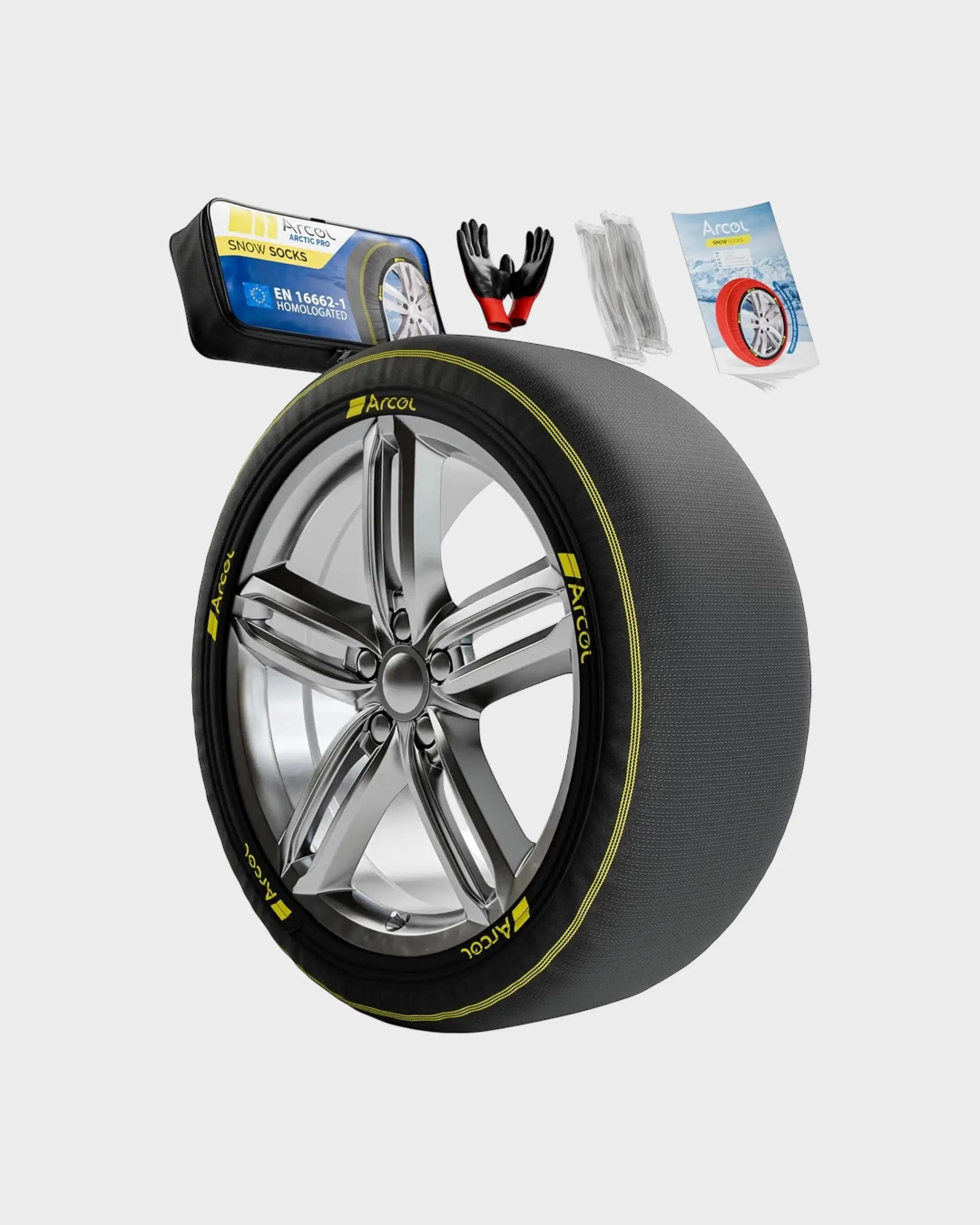 main product image snow socks arcticpro fitted on car tire front view winter background