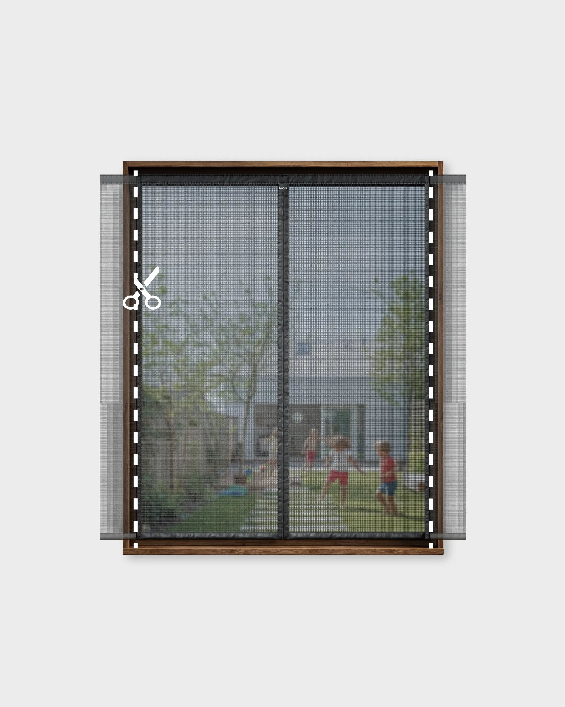 Ventana con pantalla magnética Ventana que muestra una vista de niños jugando en el exterior.